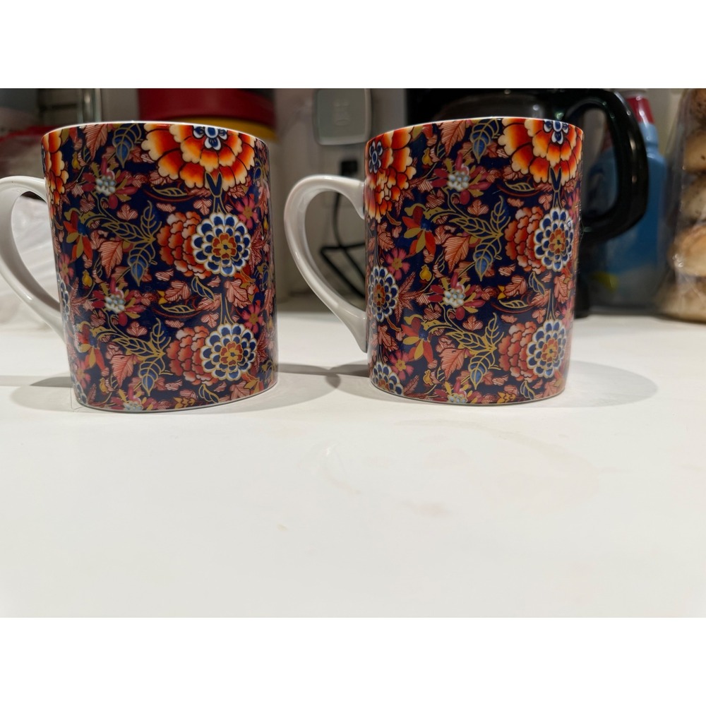Williams Sonoma Floral Coffee Mugs Set of 2 Navy Orange Chintz Porcelain